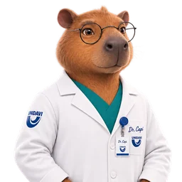 Capi, professor médico capivara, de óculos e jaleco branco.